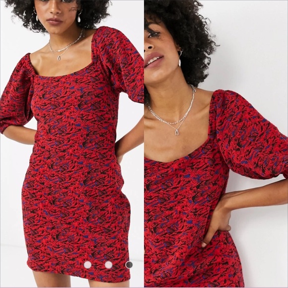 Free People Sunset Puff Sleeve Textured Mini Dress In Red Combo. NWT! Sz L - Picture 1 of 12